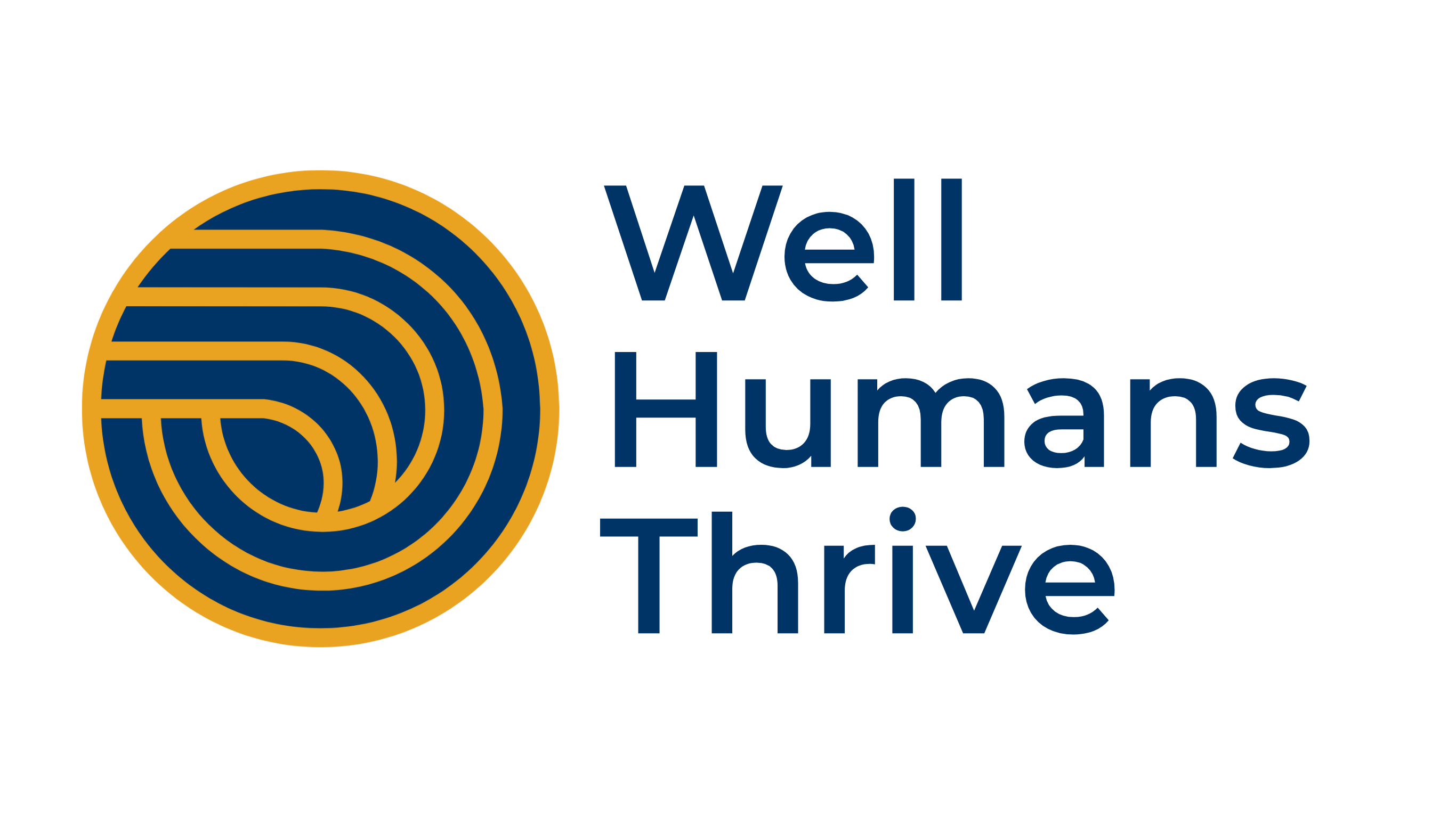 The image features a graphic logo and text. The logo consists of a stylised, concentric, and slightly overlapping ring design in shades of blue and orange. Below the logo, the text 'Well Humans Thrive' is written in a clean, sans-serif font.