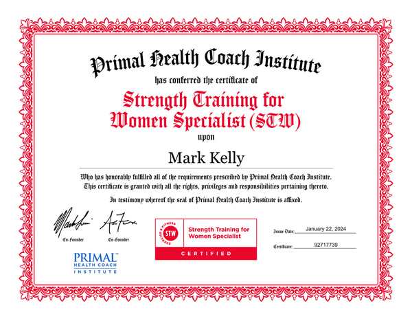 Mark Kelly Strength Training for Women Specialist certification - Primal Health Coach Institute exercise and fitness coaching Mark Kelly Strength Training for Women Specialist certification - Primal Health Coach Institute exercise and fitness coaching